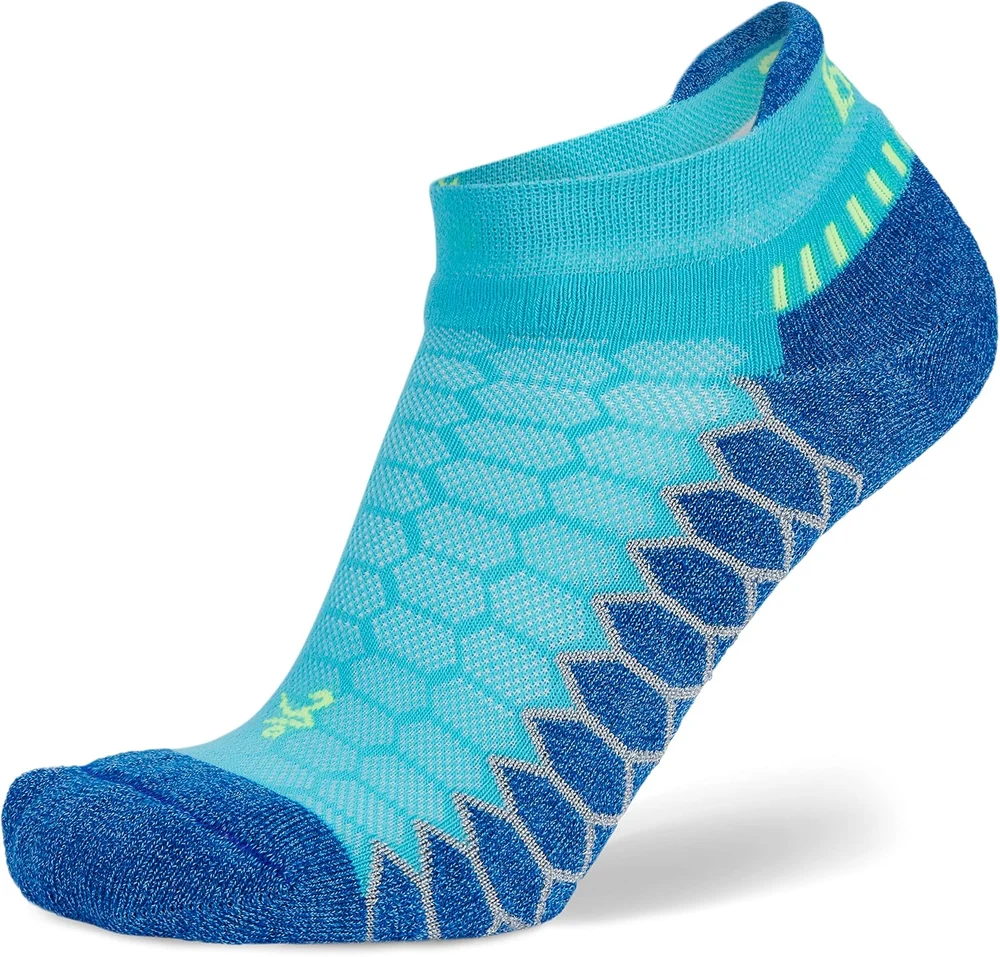 Cobalt Balega Silver no-show sock with blue trim and a raised heel tab.
