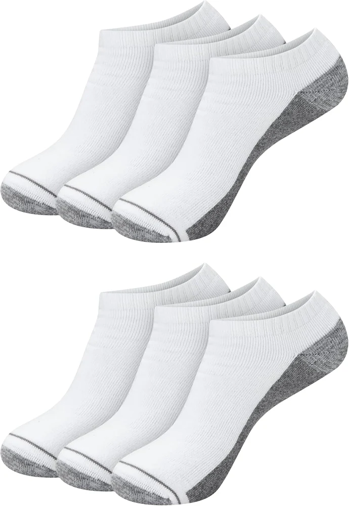 White Hanes low-cut socks with gray cushioned soles, arranged in two rows.