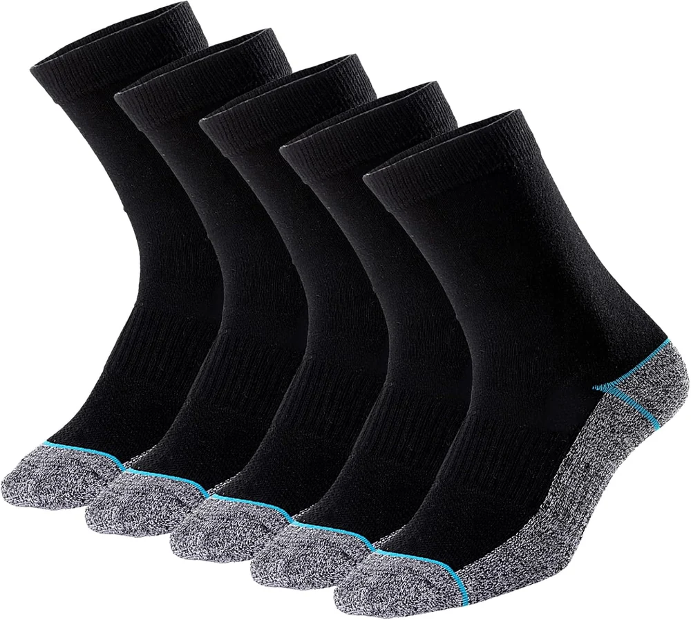 Five black Kodal crew socks with gray soles and blue trim.